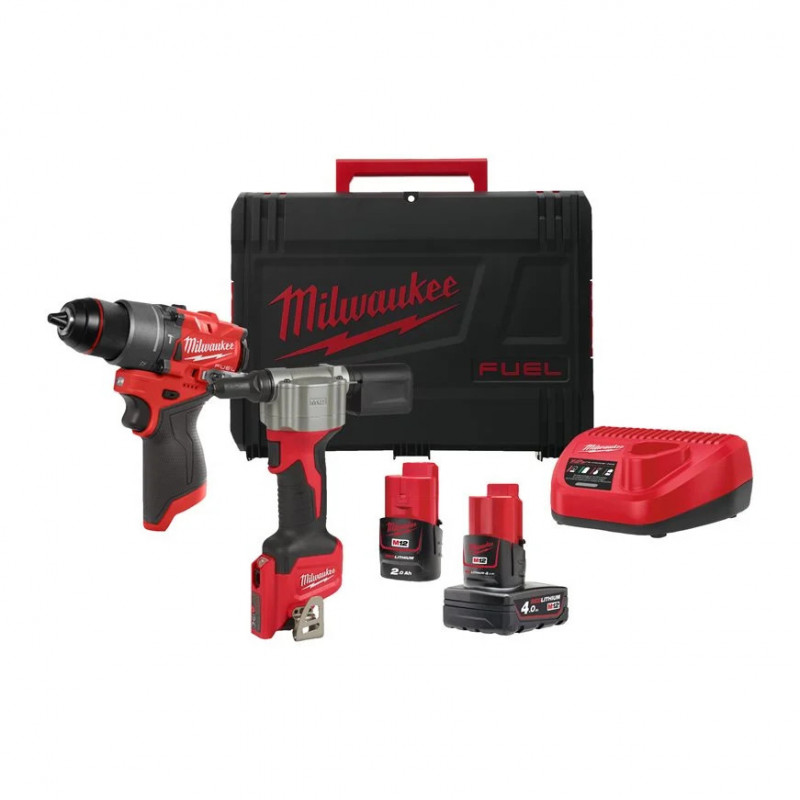 Milwaukee  12 V triecienurbjmašīnas un kniedētāja komplekts M12 FPP2D2-422X (1x4,0 Ah un 1x2,0 Ah)