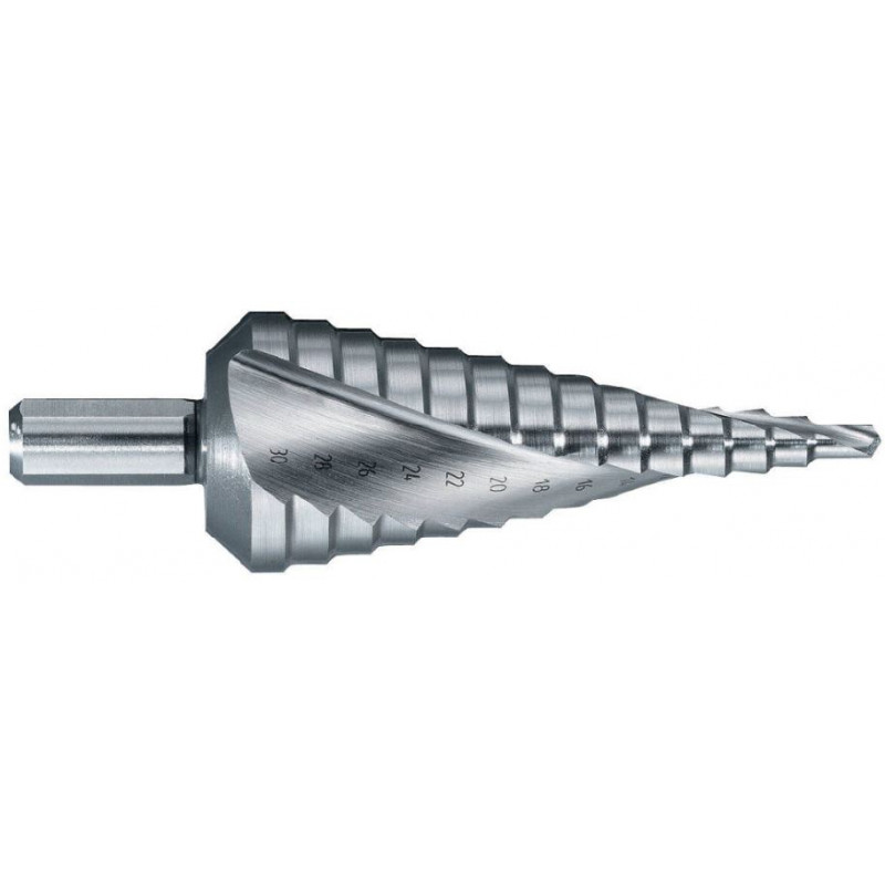 Tivoly HSS Step Drill Ø4-20 mm. Step 2 mm. Helicoidal flute. Bright, uncoated (blister)