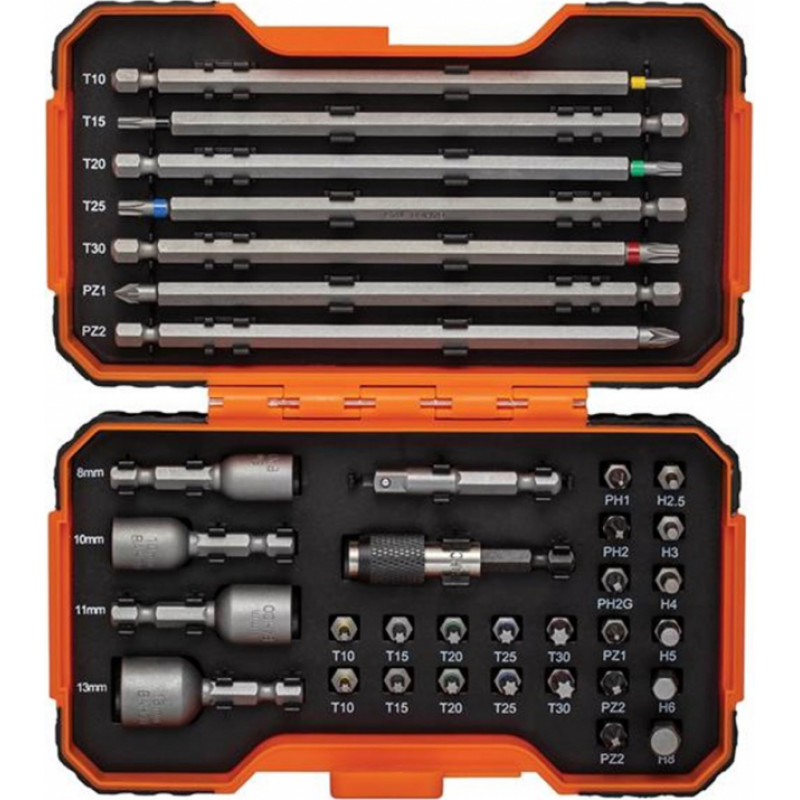 Bahco Uzgaļu komplekts 1/4´´, 35 gab ar krāsas kodējumu, 2 adapteri, PH,PH2G,PZ,SL,Hex,TORX 25mm 22 gab, 150mm gab pcs