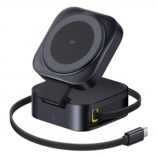 Baseus Bezvadu magnētiskais lādētājs PicoGo Qi2 15 W ar ievelkamu USB-C kabeli 67 W, melns
