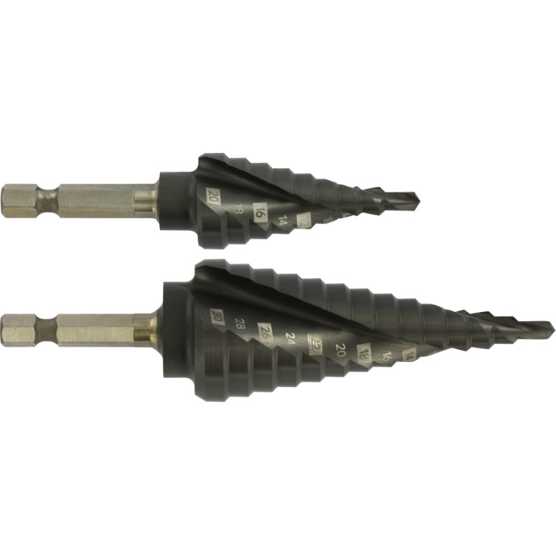 Tivoly HSS step drill bits 2pcs - TiAlN coated - Helical - Split point - Hexa shank (Hanging box) / ØMin/Max : 4/20 + 4/30