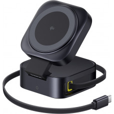 Baseus Bezvadu magnētiskais lādētājs PicoGo Qi2 15 W ar ievelkamu USB-C kabeli 67 W, melns