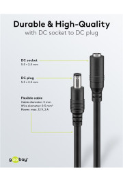 Goobay Līdzstrāvas pagarinājuma kabelis, 1,5 m, 5,5x2,5 mm, melns, 2x0,5 mm², maks. 24 V līdzstrāvas 140 W