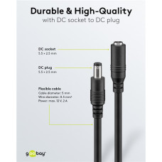 Goobay Līdzstrāvas pagarinājuma kabelis, 1,5 m, 5,5x2,5 mm, melns, 2x0,5 mm², maks. 24 V līdzstrāvas 140 W