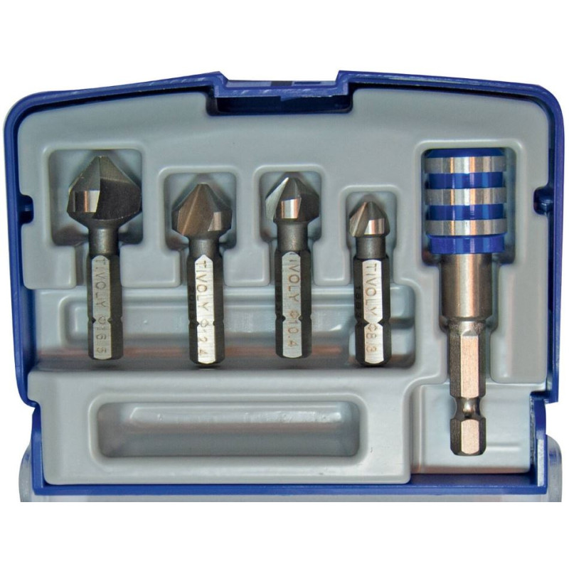 Tivoly Set of 4 Countersinks + magnetic bit holder. HSS, ØD=8,3-16,5mm.  Bright, uncoated, 1/4