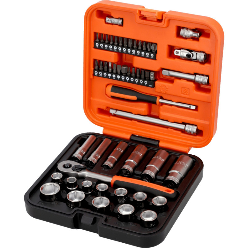 Bahco Standard and Deep sockets set 10-22mm + bits PH,PZ,HEX,TORX 53 pcs 3/8