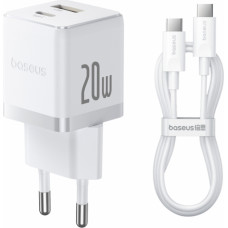 Baseus Sienas ātrais lādētājs Palm 20W USB + USB-C QC3.0 PD3.0 ar USB-C kabeli 1 m, balts