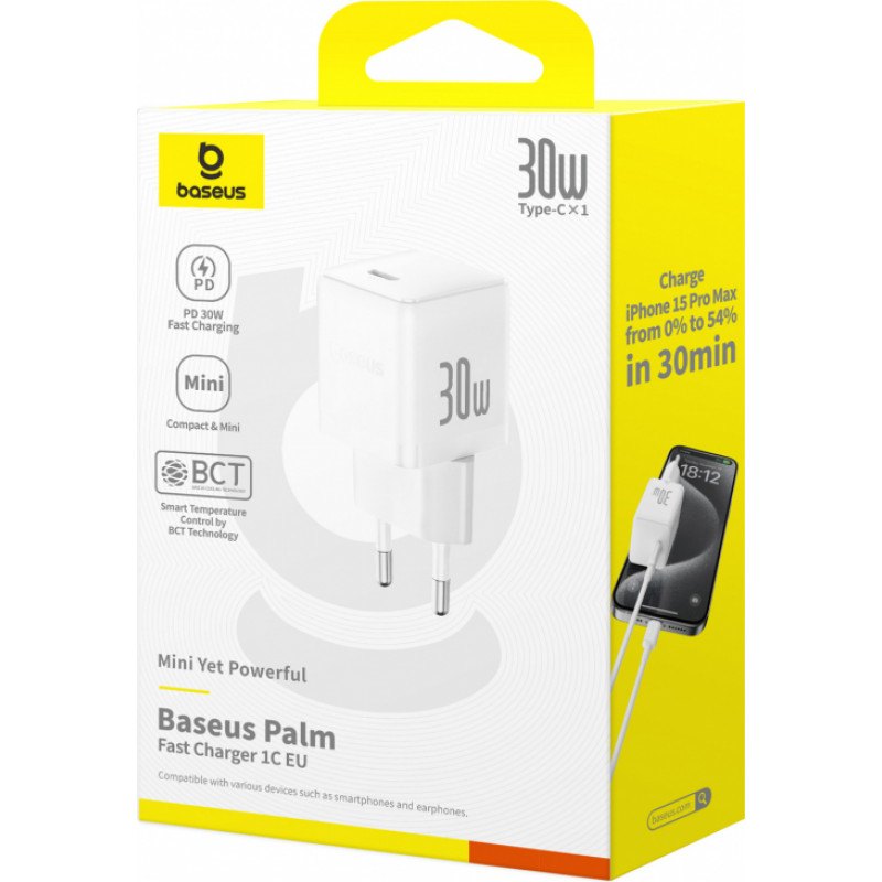Baseus Sienas ātrais lādētājs Palm 30W USB-C QC3.0 PD3.0, balts