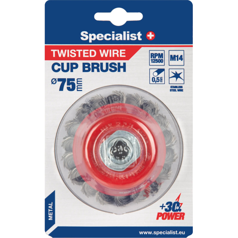 Specialist+ Nerūdijančio plieno suktos vielos šepetys 75 mm. M14, SPECIALIST +
