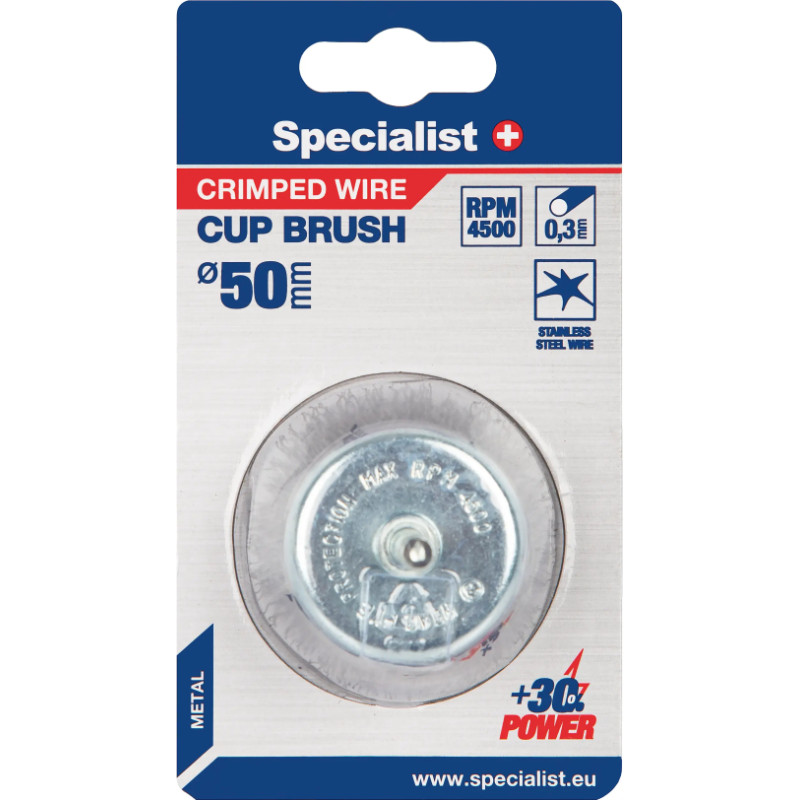 Specialist+ Vielinė šlifavimo taurė, tiesios vielos, su koteliu 50 mm.  SPECIALIST +