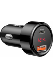 Baseus Automašīnas ātrās uzlādes lādētājs 12-24V 45W USB + USB-C QC4+ PD3.0 ar sprieguma un strāvas rādītāju