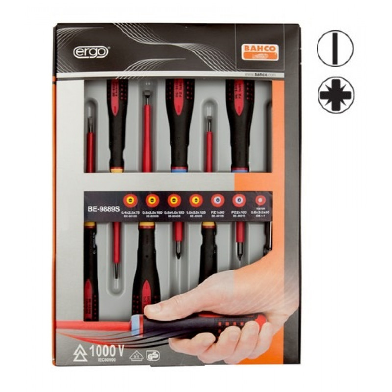 Bahco Elektriķu skrūvgriežu komplekts ERGO™ 7 gab - SL3,0 testeris; SL2,5/3,5/4,0/5,5; PZ1/2 - 1000V VDE
