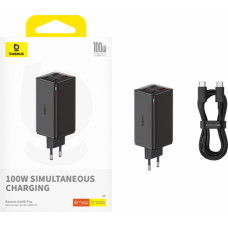 Baseus Sienas ātrais lādētājs GaN6 Pro 100W 2xUSB-A + 2xUSB-C QC PD ar USB-C kabeli 1 m, melns