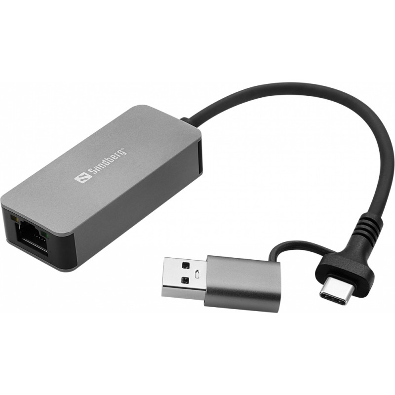 Sandberg 136-68 USB-C/A 2.5 GbE RJ45 Adapter, 2.5 Gigabit Ethernet on USB-C