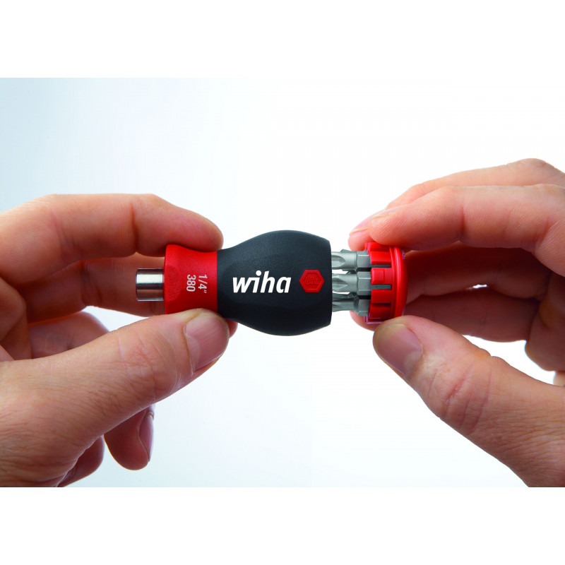 Wiha īsais SoftFinish® skrūvgriezis ar uzgaļu komplektu rokturī