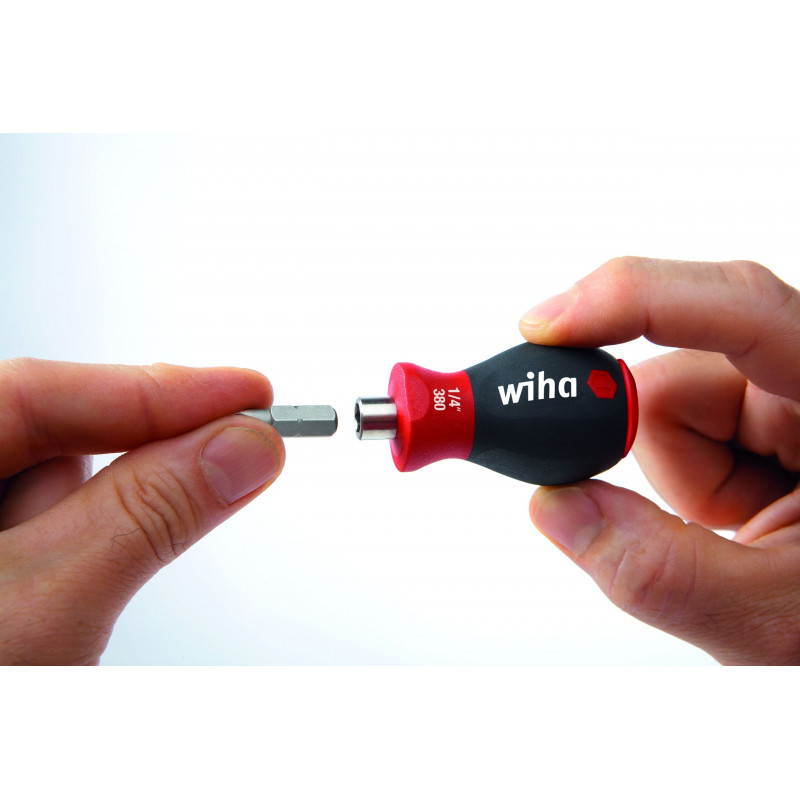 Wiha īsais SoftFinish® skrūvgriezis ar uzgaļu komplektu rokturī